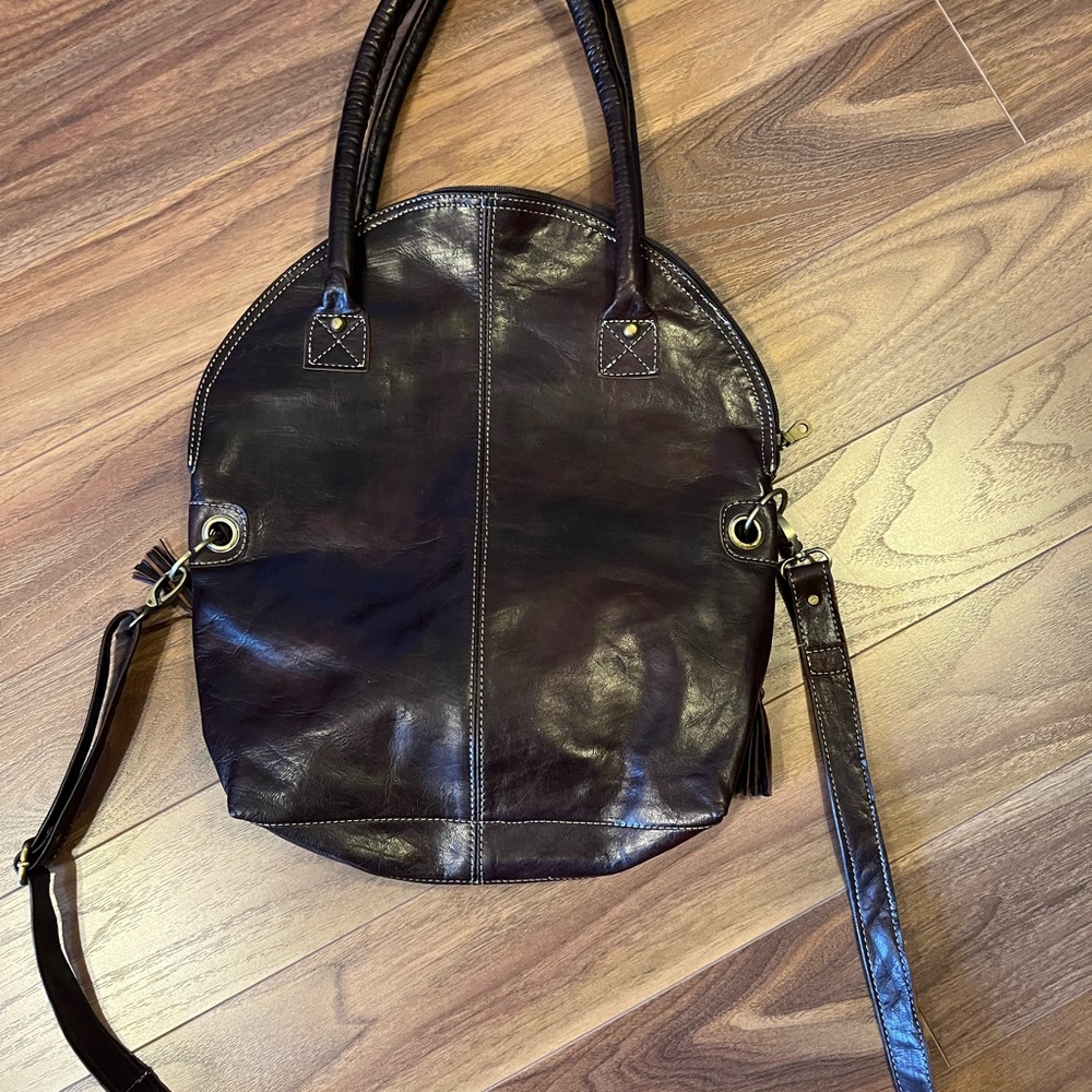 One Earth brown leather bag